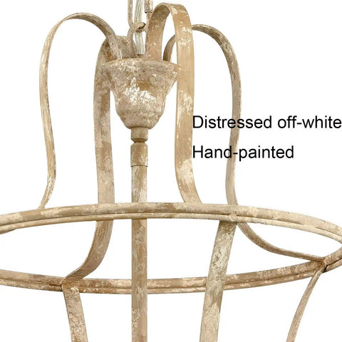 Distressed off-white hand-painted detail of Black Lantern Chandelier Light Fixtures, Four Light Candelabra Style Island Pendant Lighting.