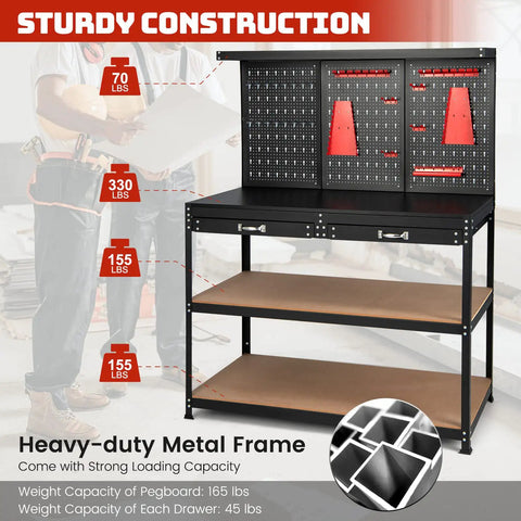 Heavy Duty 48 Inch Work Bench With Pegboard Storage 4 Tier Metal Tool Storage Bench 2 Drawers Hanging Accessories Topping Space Built To Last For Garage And Workshop Organization And Tinkering showing sturdy construction and metal frame.