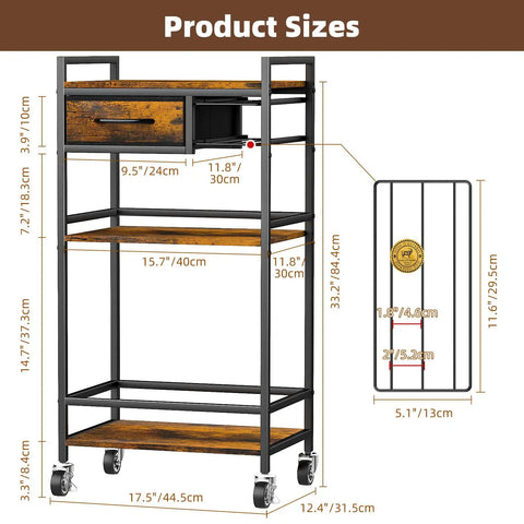 Four Tier Coffee Bar Cart With K Cup Holder And Milk Frother Stand Featuring Hella Convenient Storage Layout In Rustic Brown Finish dimensions and sizes image.