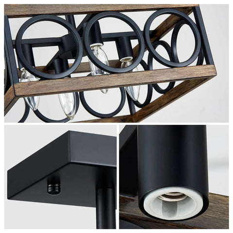 Close-up of 4 light modern black square chandelier with wood grain finish, showcasing adjustable pole and light socket detail for living room