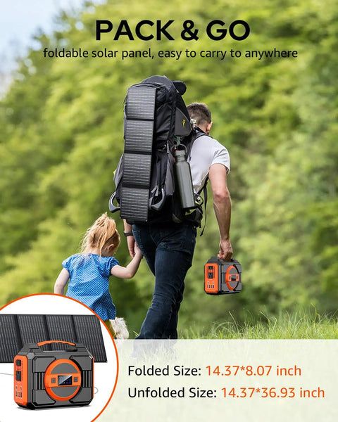 Man carrying On The Go Portable Solar Generator 300W Power Station with 40W Panels Included, 220Wh Battery Pack for outdoor use.