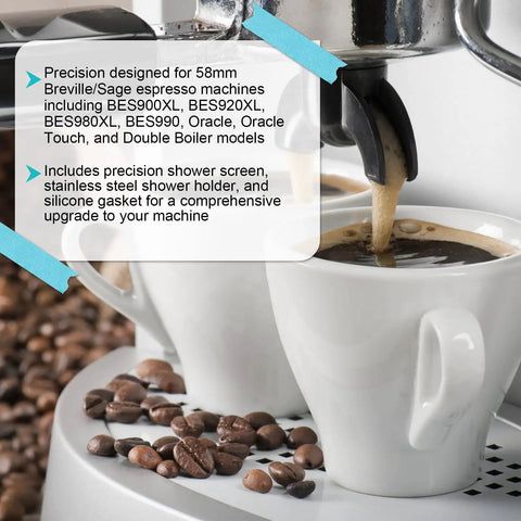 Precision Shower Screen Kit For 58Mm Breville Sage Oracle Espresso Machines, featuring coffee brewing in a cup.