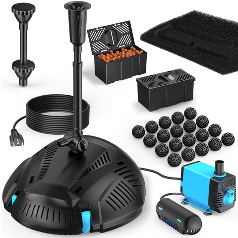 Pond Filter With Pump Fountain Kit Built-In UV Clarifier 660GPH 40W includes pump, UV clarifier, filter media, and fountain accessories.