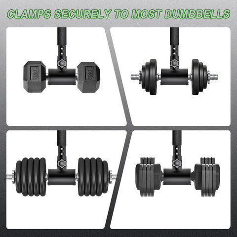 Turn Your Dumbbells Into A Barbell With This Adjustable EZ Curl Bar Adapter securely clamping on different dumbbell types