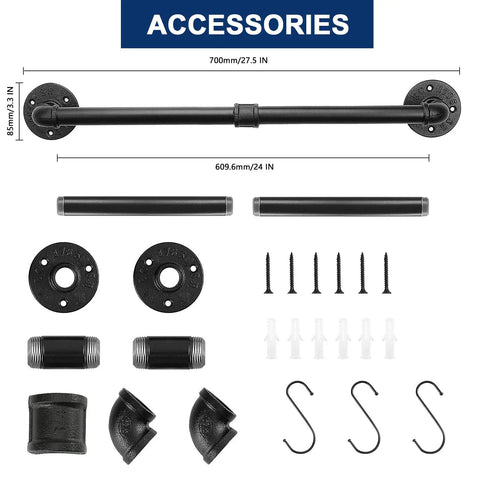 Industrial Pipe Towel Bar Wall Mounted Heavy Duty Rust Resistant Iron Towel Rack For Bathroom And Kitchen 24 Inch Black Rustic Style Home Hardware Pro shown with accessories