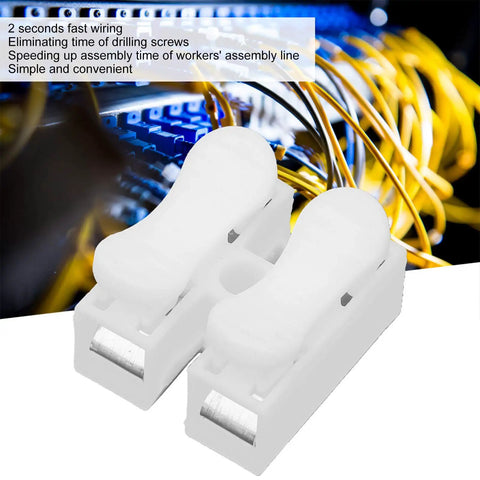 Fast Wiring Quick Connector Cable Clamp Terminal Block With Flame Retardant Plastic Spring Type For Rapid 2 Second Installations Rated 250V 10A Durable For Motors Power Supplies And Home Appliances, front view with wiring in background
