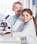 Two children wearing medium Six Piece Kids Doctor Coat Costume Set Unisex Lab Coats For Boys And Girls near a microscope