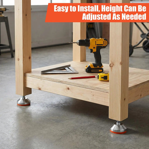 Four Pack Heavy Duty Adjustable Leveling Feet With M12 Thread And 2.36 Inch Base For Workbenches Machines And Cabinets on workbench