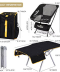 All In One Camping Backpack Table Kit With Aviation Aluminum Frame, Two Foldable Chairs, Convertible Backpack Top Table shown in dimensions