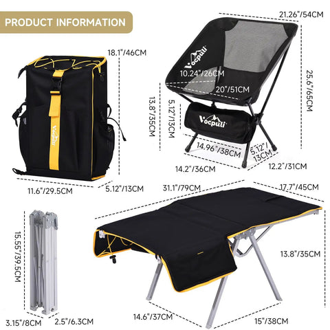 All In One Camping Backpack Table Kit With Aviation Aluminum Frame, Two Foldable Chairs, Convertible Backpack Top Table shown in dimensions