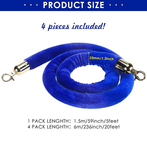 Blue Velvet Stanchion Rope With Polished Gold Hooks 4 Pack Crowd Control Barrier Ropes for Events and Venues Each 5 Feet