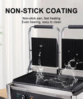 Top Rated Kuybtu Electric Grill 1800W 3600W Panini Maker stainless steel showing non-stick coating and water droplets.