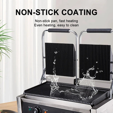 Top Rated Kuybtu Electric Grill 1800W 3600W Panini Maker stainless steel showing non-stick coating and water droplets.