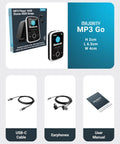 Bluetooth MP3 Player With Sports Clip And Earbuds Included, Expandable To 128GB, HD Color Screen, 34 Hours Battery Life, SD Card Slot And USB C, Portable Music Player For Workouts And Daily Jams, pictured with box, USB-C cable, earphones, and user manual.