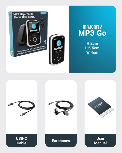 Bluetooth MP3 Player With Sports Clip And Earbuds Included, Expandable To 128GB, HD Color Screen, 34 Hours Battery Life, SD Card Slot And USB C, Portable Music Player For Workouts And Daily Jams, pictured with box, USB-C cable, earphones, and user manual.