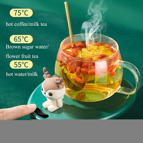 Smart Coffee Mug Warmer Set It And Forget It Design Automatic Gravity Detection Touch Controls Three Heat Levels Desk Beverage Heater, hot tea with flowers.