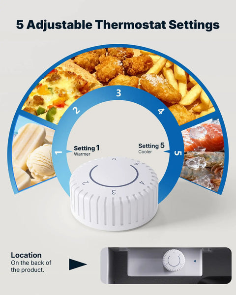 5 adjustable thermostat settings on Compact Upright Freezer Delivering 1.1 Cu Ft Of Legit Cold Storage for varied food preservation.