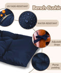 59 Inch Waterproof Indoor Outdoor Garden Bench Cushions Thick Pad For Patio in navy, showing water resistance and adjustable straps