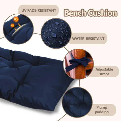59 Inch Waterproof Indoor Outdoor Garden Bench Cushions Thick Pad For Patio in navy, showing water resistance and adjustable straps