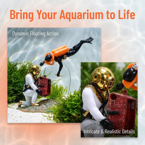 Floating Diver Treasure Chest Aquarium Ornament For Fish Tanks With A Totally Unique Underwater Scene And Design A Cool Marine Decor Accessory Featuring A Diver And Hidden Treasure To Create Realistic Tank Landscape, showcasing dynamic floating diver with intricate details.