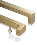 Heavy Duty 304 Stainless Steel Push Pull Door Handle With Solid Standoffs 300mm (12 Inch) Square Or Rectangle Shape Satin Gold Finish For Barn And Glass Doors close-up pair with standoffs