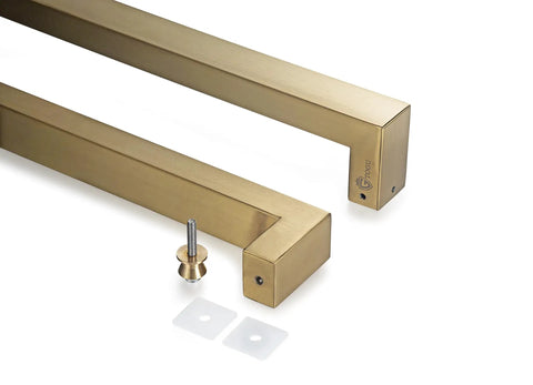 Heavy Duty 304 Stainless Steel Push Pull Door Handle With Solid Standoffs 300mm (12 Inch) Square Or Rectangle Shape Satin Gold Finish For Barn And Glass Doors close-up pair with standoffs