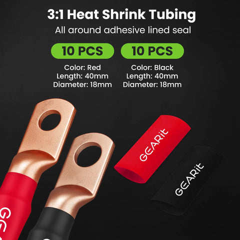 Close-up of 3:1 heat shrink tubing with 10 red and 10 black pieces, copper lugs from 0 Gauge Car Audio Wiring Kit 3-In-1 With 1/0 AWG CCA.