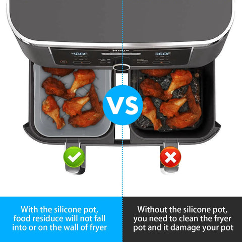 Two Pack Air Fryer Silicone Liners Nonstick Reusable Basket Liners Food Safe And Heat Resistant Up To 428 Degrees Fahrenheit Durable Tray Replacement For Easy Cleanup Fits Most Air Fryers in dual compartments with food comparison