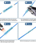 Step-by-step guide using 1500 Piece Heat Shrink Butt Connector Kit for Marine and Auto Wiring with blue 16-14 AWG wire.