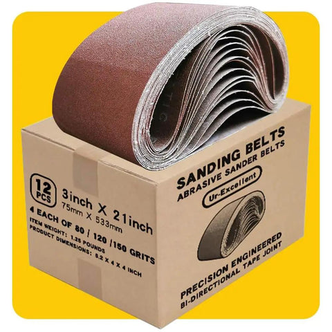 3 By 21 Inch Sanding Belt Pack With 12 Belts Four Each Of 80 120 150 Grit Aluminum Oxide For Your Sander Antistatic And Washable Resin