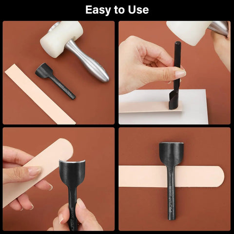Six Piece Half Round Leather Punch Set for Wallets Belts and Bags includes black carbon steel tools in use, showing hole sizes.