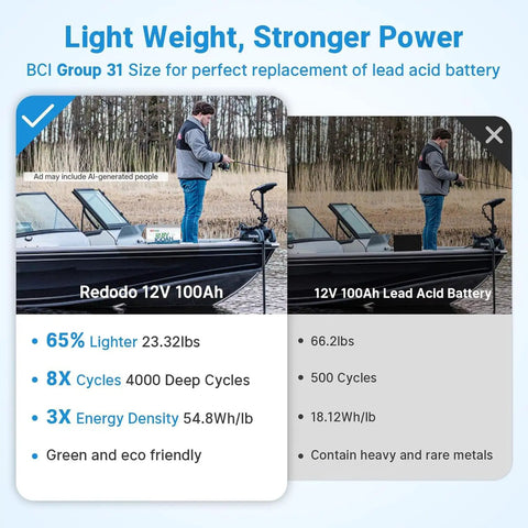 Image comparing Bad Boy 12V 100Ah Lithium Iron Phosphate Battery against a 12V lead acid battery for marine use.