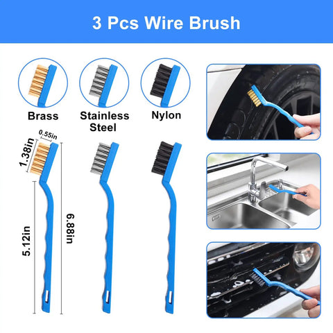 3 piece wire brush set in brass, stainless steel, nylon for 62 Inch Car Wash Kit With Mitt Sponge Long Handle Scratch Free Chenille Head Wheel Tire Brush Detailing Kit For Cars SUVs Trucks And RVs 20 Piece All In One Set