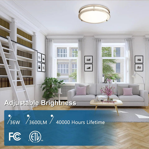 13 Inch LED Flush Mount Ceiling Light Fixture Dimmable Brushed Nickel Easy Install Flicker Free Low Profile Design Super Bright 36W 3600LM 5 CCT 3000K To 6000K 2 Pack installed in modern living room ceiling