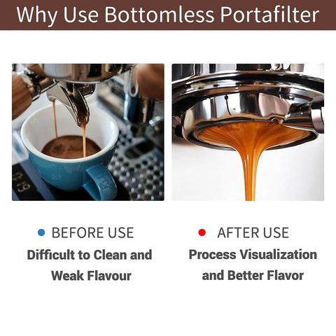 Front and side views of a 51mm bottomless stainless steel portafilter brewing espresso.