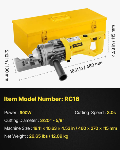VEVOR 900W Electric Rebar Cutter Portable Hydraulic Cutting Machine 110V with yellow toolbox, dimensions 18.11 x 4.53 in.