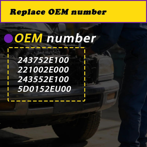 Mechanic near car engine with OEM numbers 243752E100 221002E000 243552E100 5D0152EU00 visible in overlay.