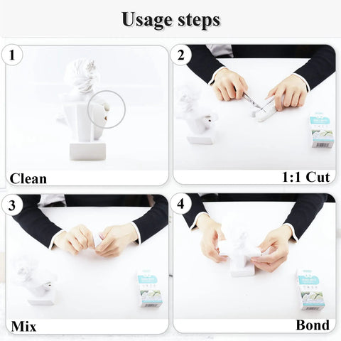 Image showing usage steps for Two Part Epoxy Putty 120g Quick Leak Repair Stick For Bonding Plastic Ceramic Metal Stone Wood Glass Acrylic And More White Heat Resistant Water Resistant Wont Shrink Or Crack Pro Grade Repair, including cleaning, cutting, mixing, and bonding process.