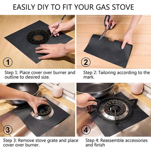 14 Pack Stove Burner Covers Double Thickness Reusable Non Stick Heat Resistant Gas Range Protectors for Kitchen Easy to Clean Black with Brush and Peeler installation guide.