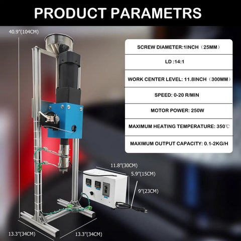 Game Changing Vertical Single Screw Extruder One Inch Diameter For 3D Filament Producing, showing product parameters and design.