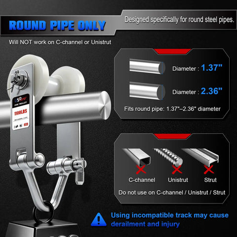 Diagram of 1100 Lb Heavy Duty Pipe Trolley for 1.37 to 2.36 in round pipes showing compatibility and warnings