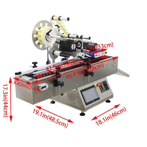 Heavy Duty Fully Automatic Desktop Conveyor Roller Horizontal Labeling Machine For Round Bottles Cans And Wine showing detailed dimensions.