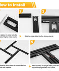 Installation guide for Heavy Duty Aluminum Juice Groove Router Jig, showing steps to assemble and tighten the G clamp kit.