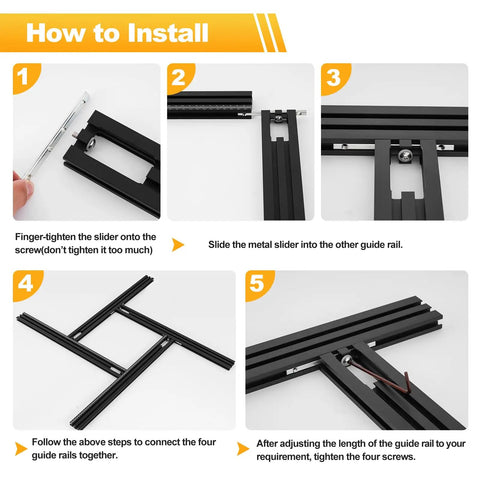 Installation guide for Heavy Duty Aluminum Juice Groove Router Jig, showing steps to assemble and tighten the G clamp kit.