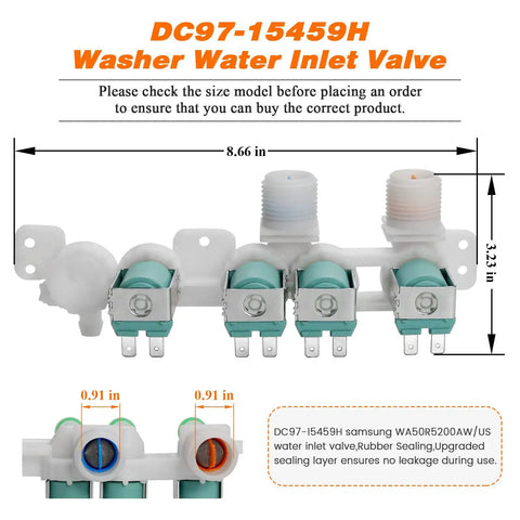 Water Inlet Valve DC97-15459H with four solenoid coils for Samsung washers shown with dimensions and sealing details