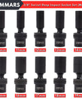 Three Eighths Inch Drive Universal Swivel Impact Socket Set Deep 6 Point Wobble Flexible Metric Ten To Nineteen Millimeter For Pros In The Shop Fits All Three Eighths Inch Ratchets And Pneumatic Tools Pro Grade Chromoly Steel, 10-19mm sockets shown
