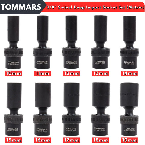 Three Eighths Inch Drive Universal Swivel Impact Socket Set Deep 6 Point Wobble Flexible Metric Ten To Nineteen Millimeter For Pros In The Shop Fits All Three Eighths Inch Ratchets And Pneumatic Tools Pro Grade Chromoly Steel, 10-19mm sockets shown
