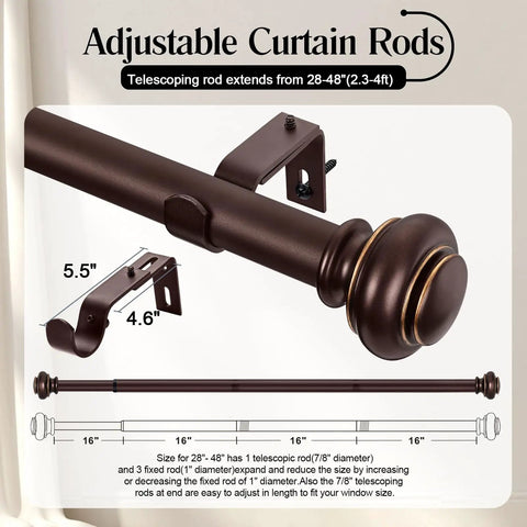 Bronze Heavy Duty Curtain Rods Set 28 to 48 Inches With Classic Finials, Adjustable and Durable Window Rods for Bedroom, Living Room, Patio and Kitchen, Includes 3 Fixed Rails, 1 Adjustable Rail, 2 Finials, Brackets and Screws.