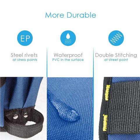 Image showing steel rivets, waterproof PVC coating, and double stitching details of the All In One Tool Belt Pouch With 32 Pockets And Hammer Loops.