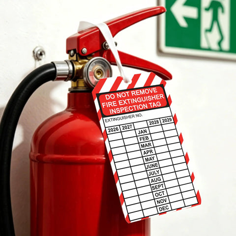 Fire extinguisher with attached 25 Pack Fire Extinguisher Tags With Adjustable Wire Ties For Monthly Inspections 2026 2033